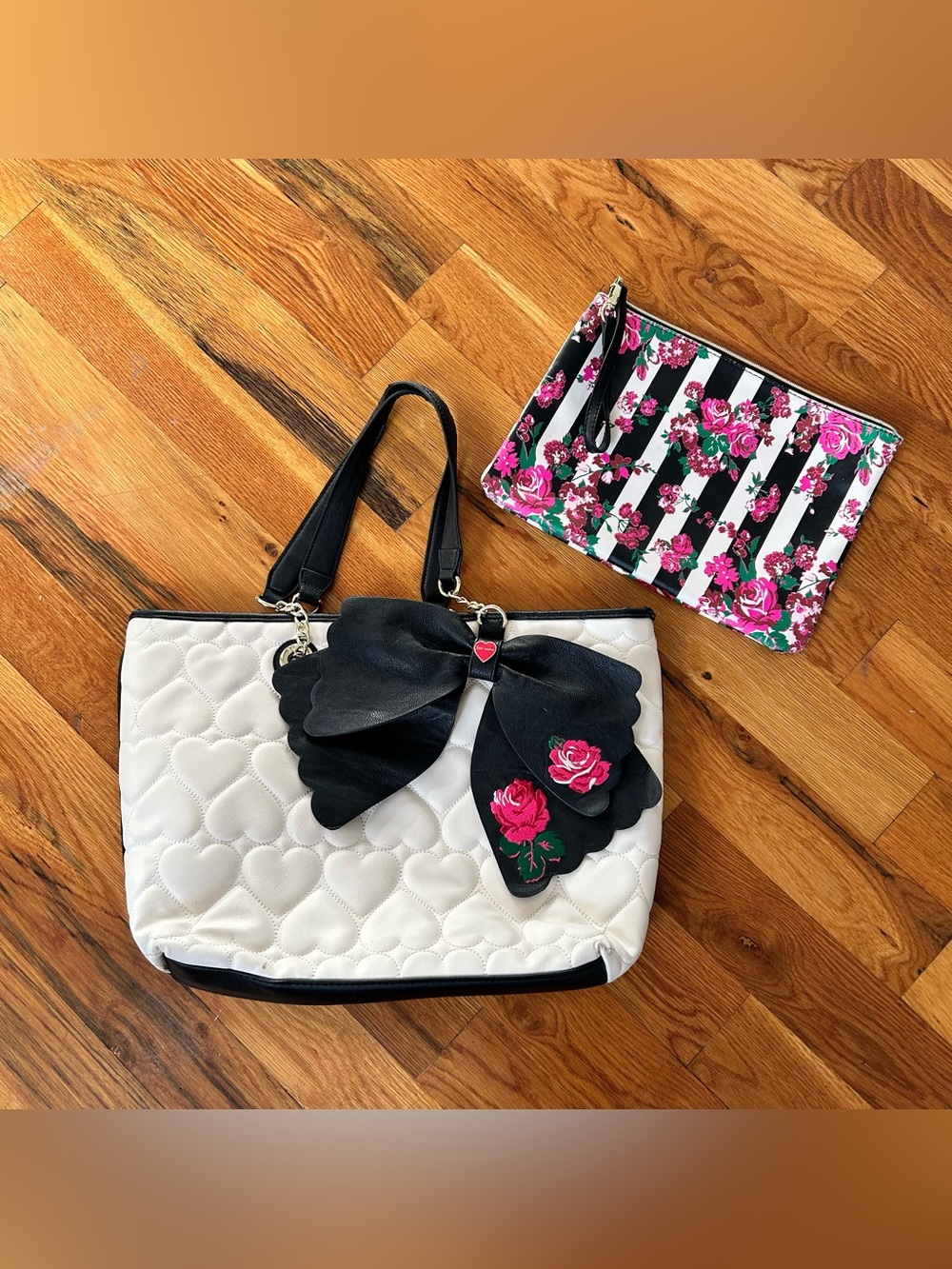 Betsey Johnson Heart Quilted Tote Purse with Floral Bow Accent